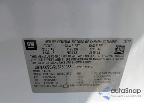 2018 Chevrolet Equinox Lt z USA, uszkodzony, nr VIN 2GNAXSEV2J6239033